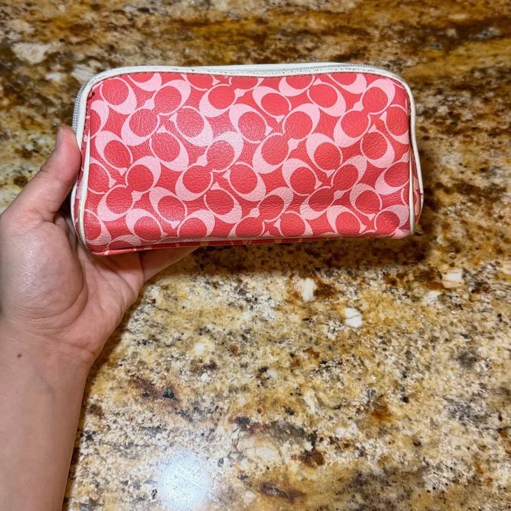 Coach Pink Signature Zip Wallet with White Trim